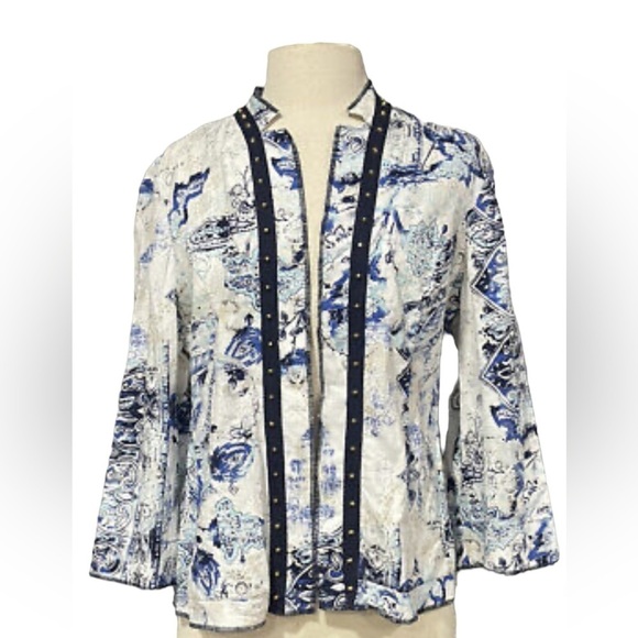 Chico’s Blue & White Open Front Linen Cardigan Jacket Size Medium (8-10) - Picture 1 of 7